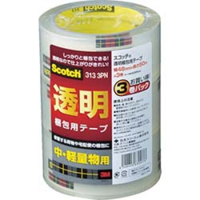美国 3M  文具・オフィス事業部 313 3PN ３Ｍ　透明梱包用テープ　４８ｍｍＸ５０ｍ　３巻パック　中・軽量物用