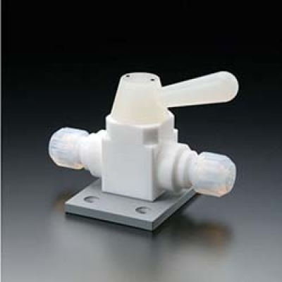 （株）フロンケミカル NR1669-002 フロンケミカル　フッ素樹脂（ＰＴＦＥ）二方ボールバルブ接続型ベース付　８φ